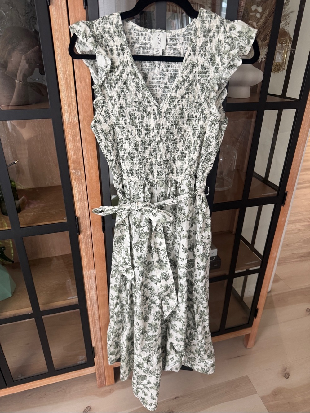 Joie floral cotton Maxi dress smocked midi short sleeve ruffle pockets tie waist